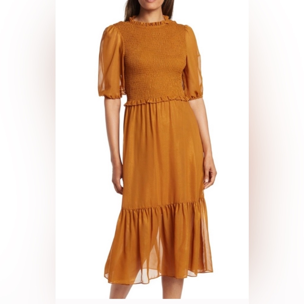 Nanette Lepore Gold Puff Sleeves Midi Dress size 10. New without tag